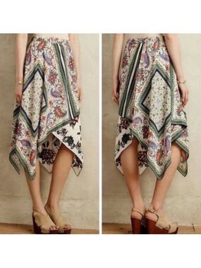 Anthropologie Maeve Paisley Scarf Print Asymmetrical Knee Length Skirt